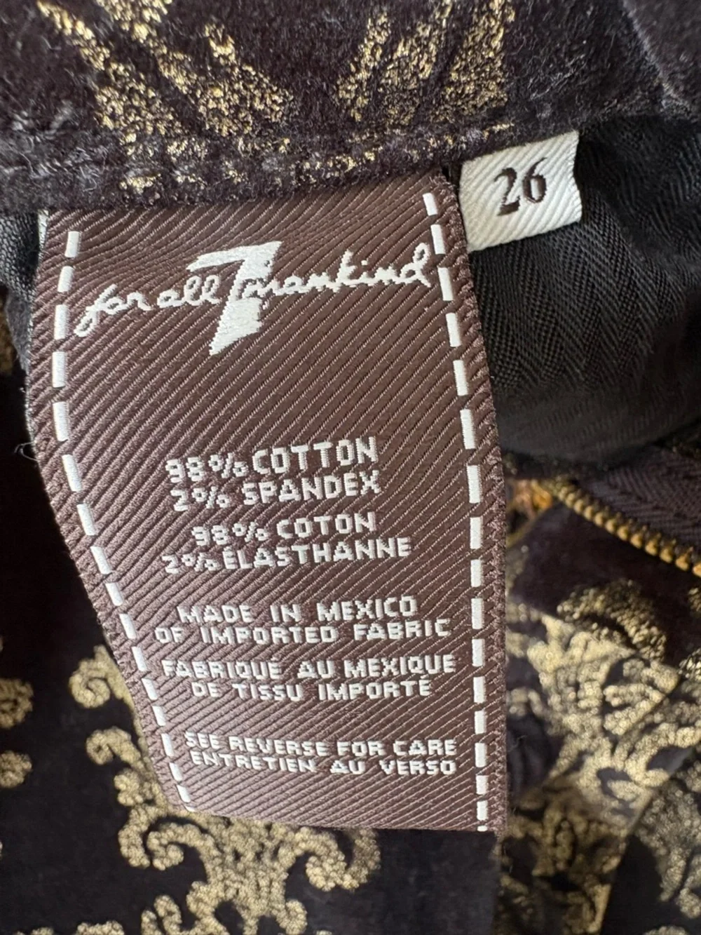 7 For All Mankind Black with Gold Damask Print Glam low rise Jeans